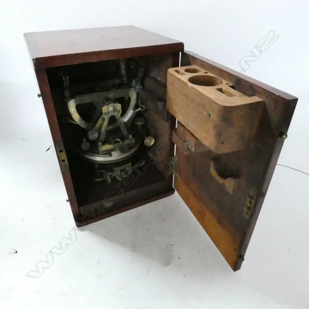 TROUGHTON & SIMMS BRASS THEODOLITE, w 10½" TELESCOPE, IN MAHOG BOX, w LEATHER TRAVEL CASE Image 1++